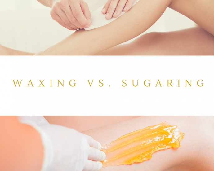 A picture of someone getting sugaring vs. waxing.