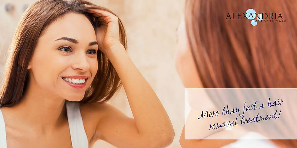 A woman looking in the mirror with a caption that reads "More than just a hair removal treatment."